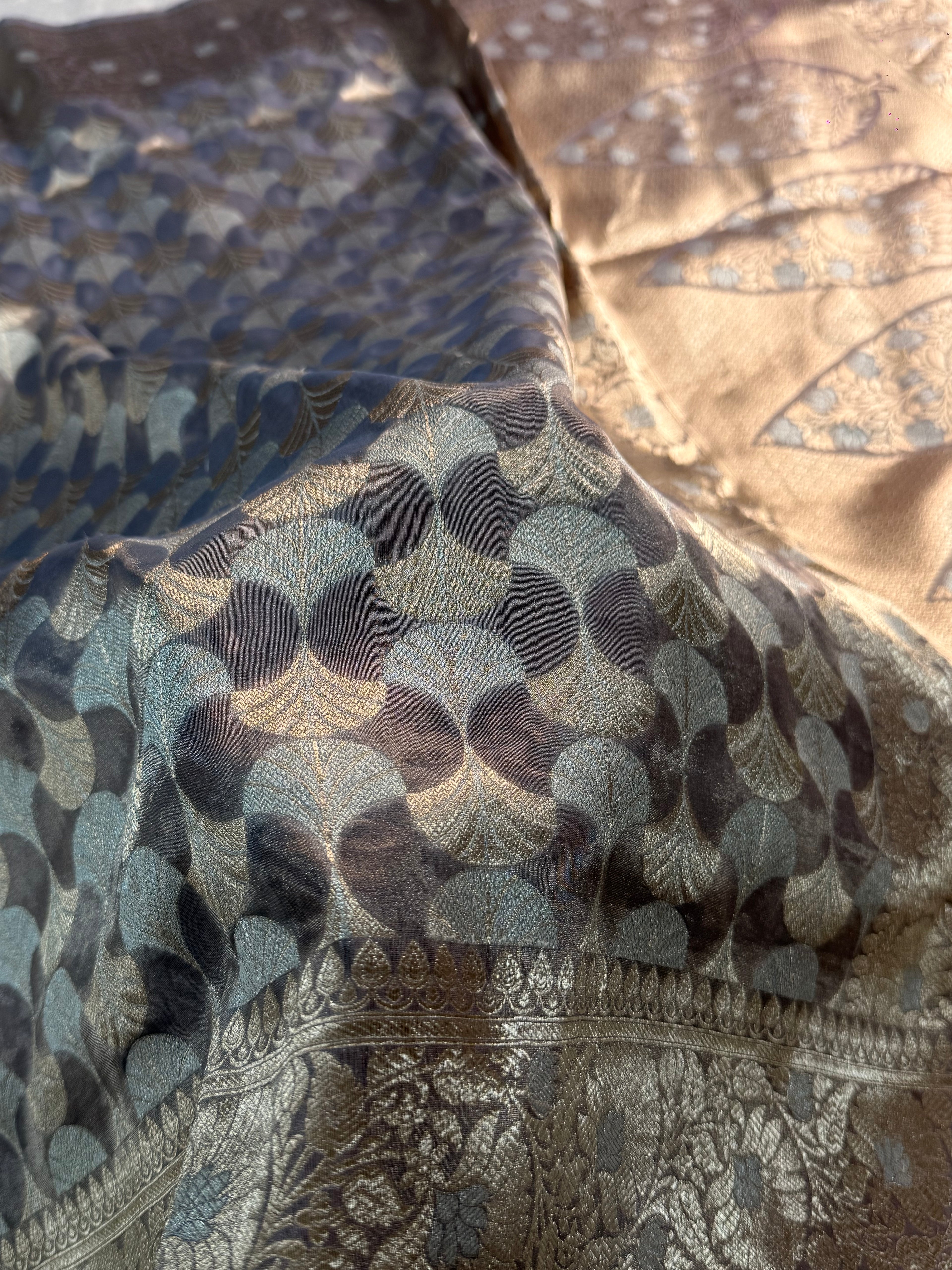 Banarasi Pure Tissue Silk Saree with silver and gold Zari work in Dark Grey Colour
