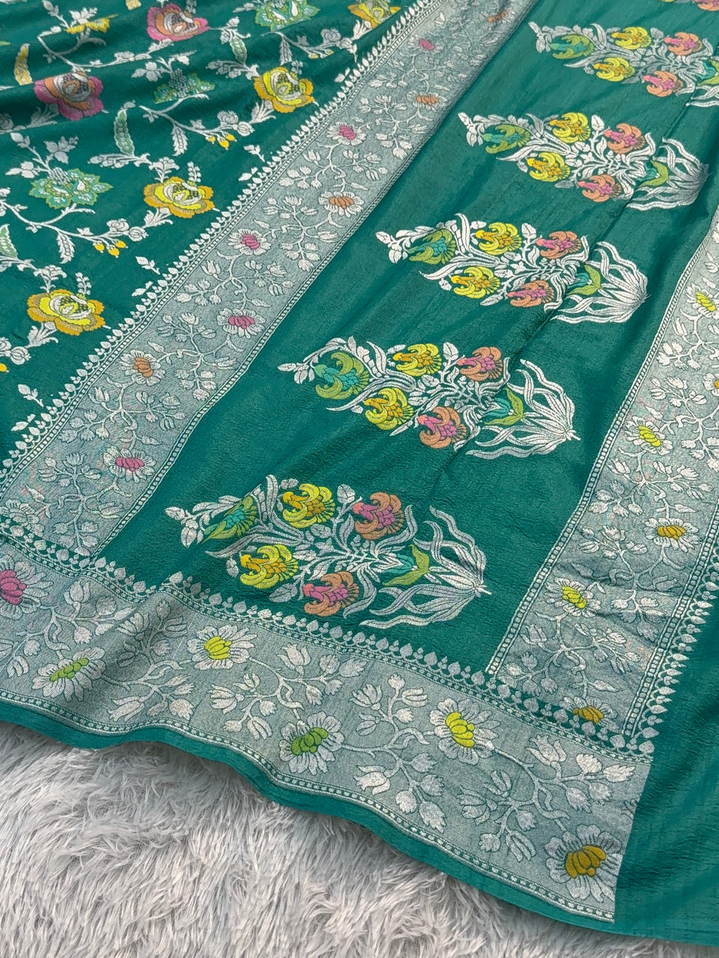 Pure Desi Tussar Silk Saree with Meenakari Floral Jaal Pattern in Sea Green Colour