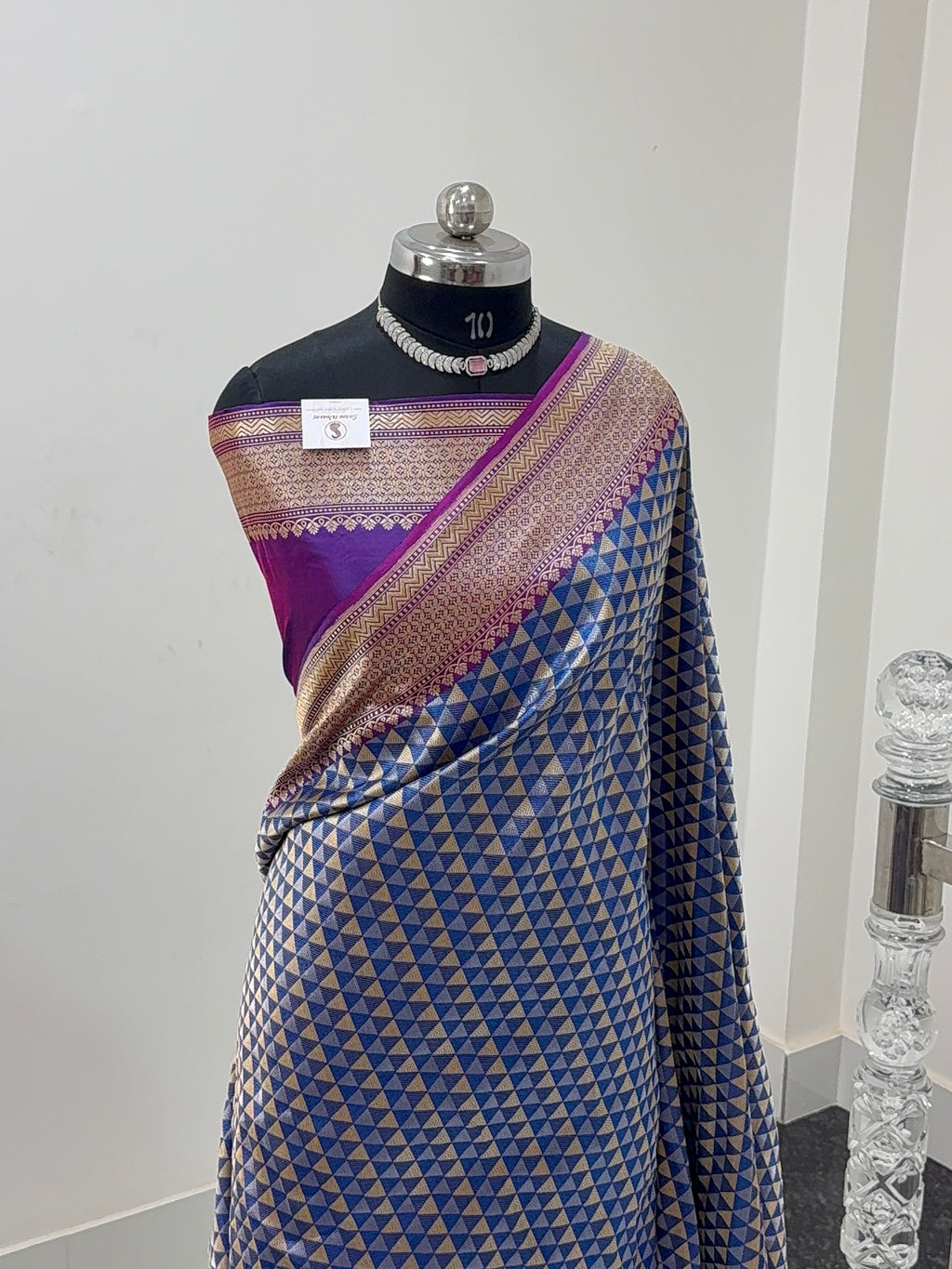 Handwoven Pure Katan Silk Saree With Silver and Gold Zari Brocade Weaving In Temple Jaal Design Pattern In Combination Of Light Blue And Navy Shade