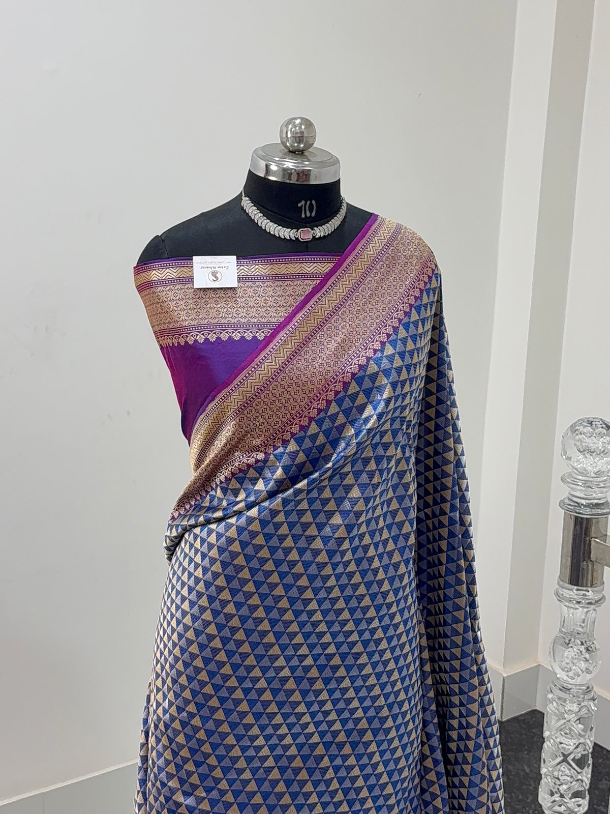 Handwoven Pure Katan Silk Saree With Silver and Gold Zari Brocade Weaving In Temple Jaal Design Pattern In Combination Of Light Blue And Navy Shade