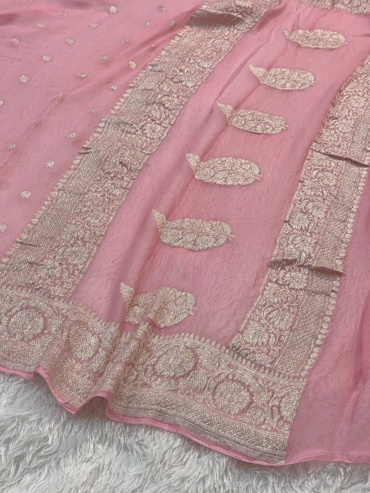Banarasi Pure Khaddi Chiffon Saree  in Silver Zari with Small Interlocked Motifs Design in Peach Colour