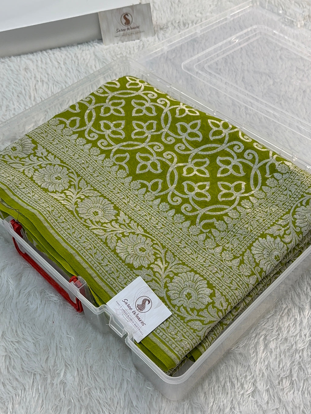 Banarasi Pure Khaddi Chiffon Saree in Zari Jaal  Design in Rusty Green Colour