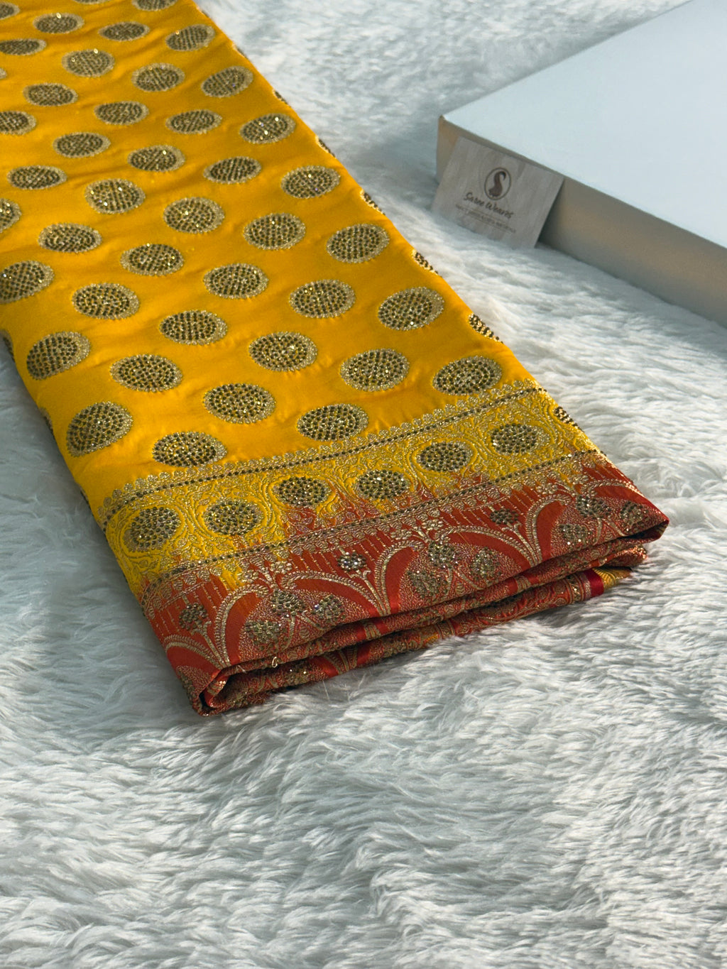 Bridal Mashru Silk Saree with Swaroski Gola work in all over in contrast colour