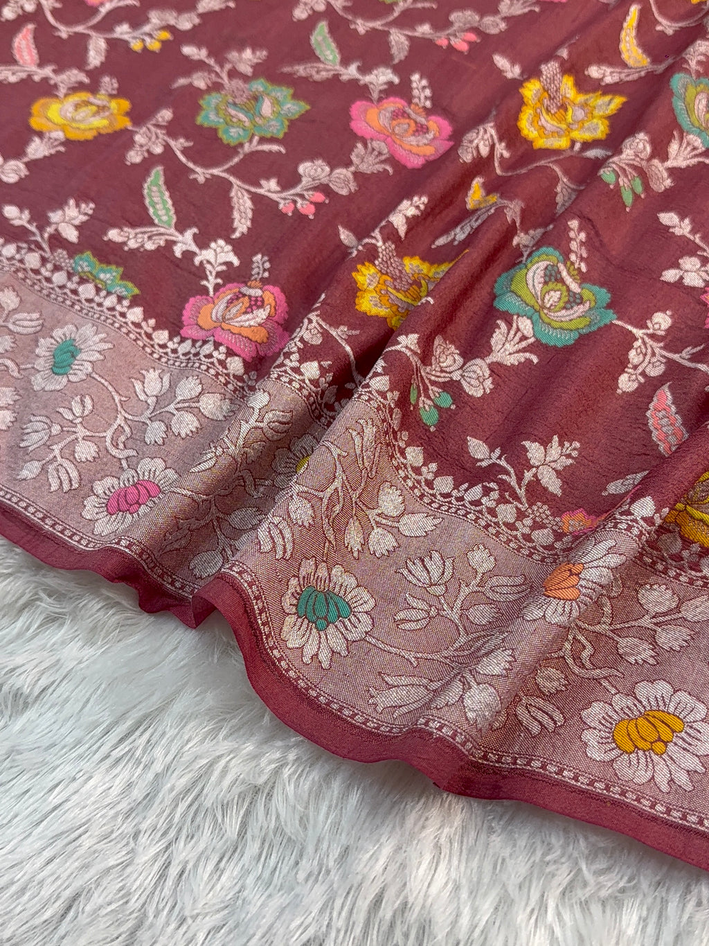 Pure Desi Tussar Silk Saree with Meenakari Floral Jaal Pattern in Wine Colour