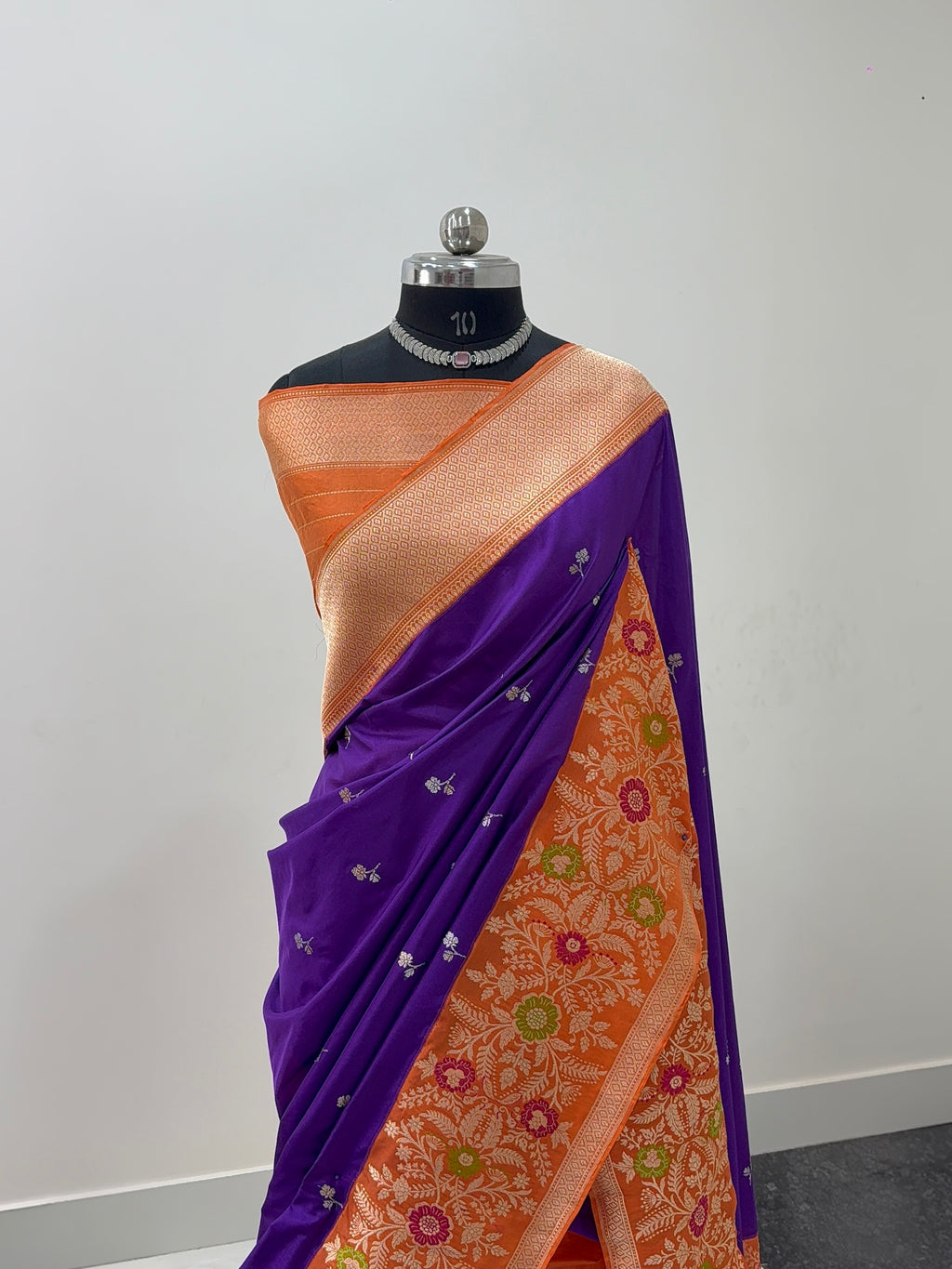 Handwoven pure Katan Silk Saree in Purple Colour in Motifs design With Saperatively Woven Contrast Border with Meenakari Jaal Design in Orange Colour
