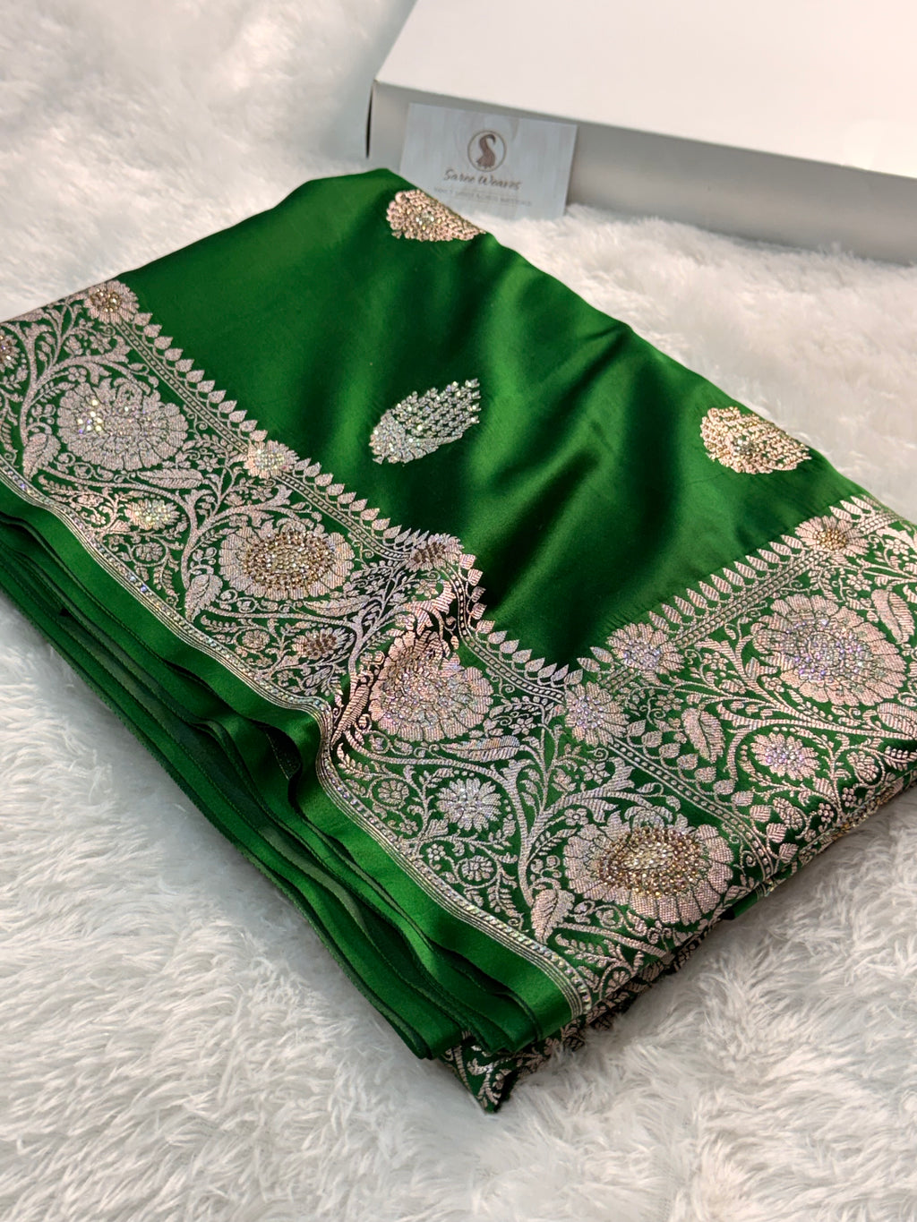 Bridal Mashru Silk Saree with Buta design in Dark Green Color Shade with Swaroski work