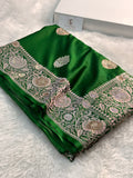 Bridal Mashru Silk Saree with Buta design in Dark Green Color Shade with Swaroski work