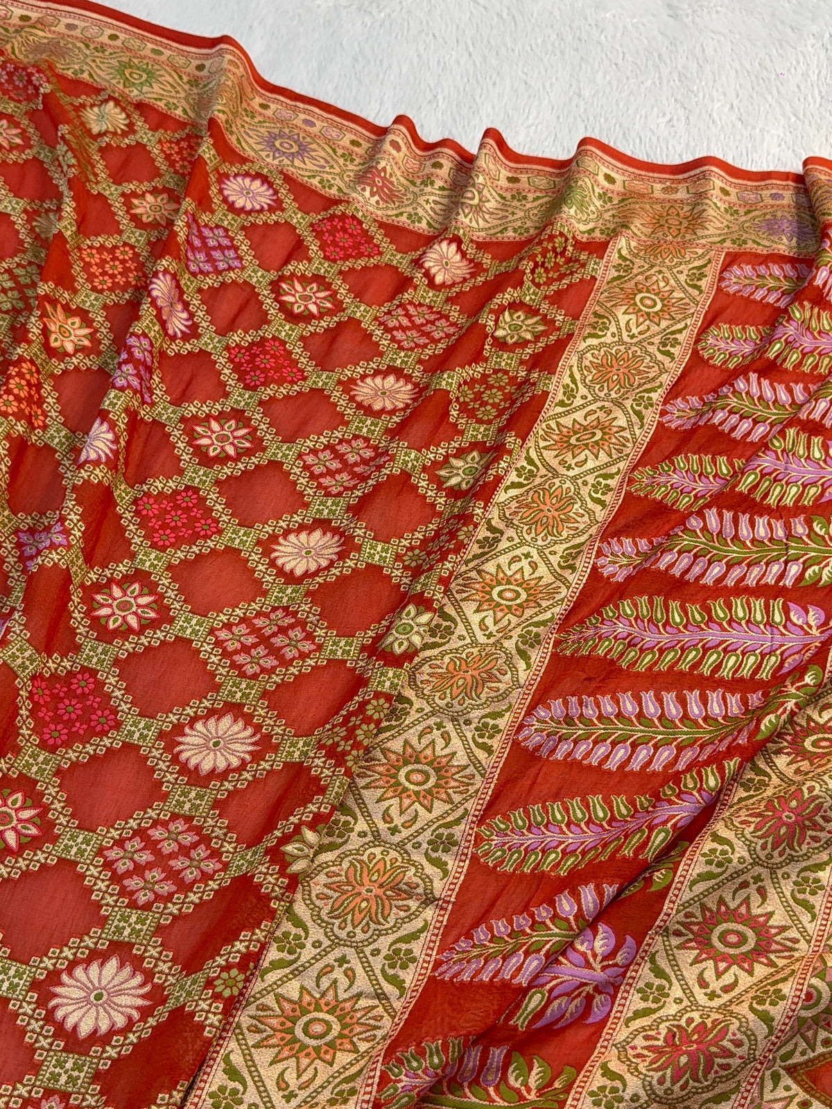 Banarasi Pure Khaddi Chiffon Saree with Meenakari Geometrical Jaal Design in Orange Colour
