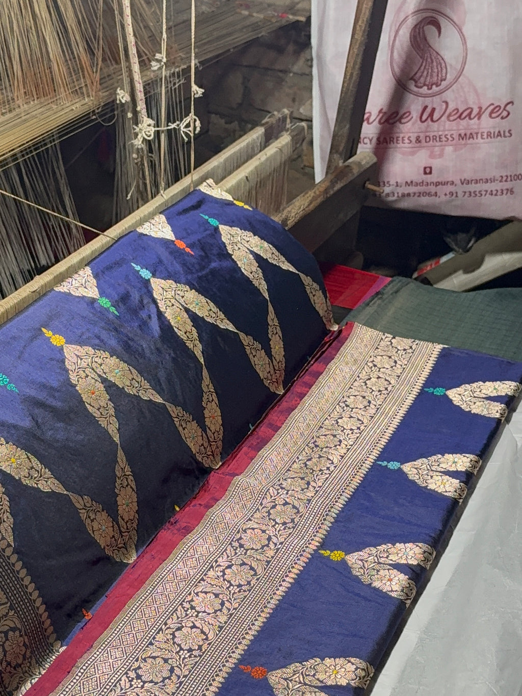 Handwoven Pure Katan Silk Saree in Jewellery Design pattern with meenakari in Light Gold Zari Work in Navy Blue Colour