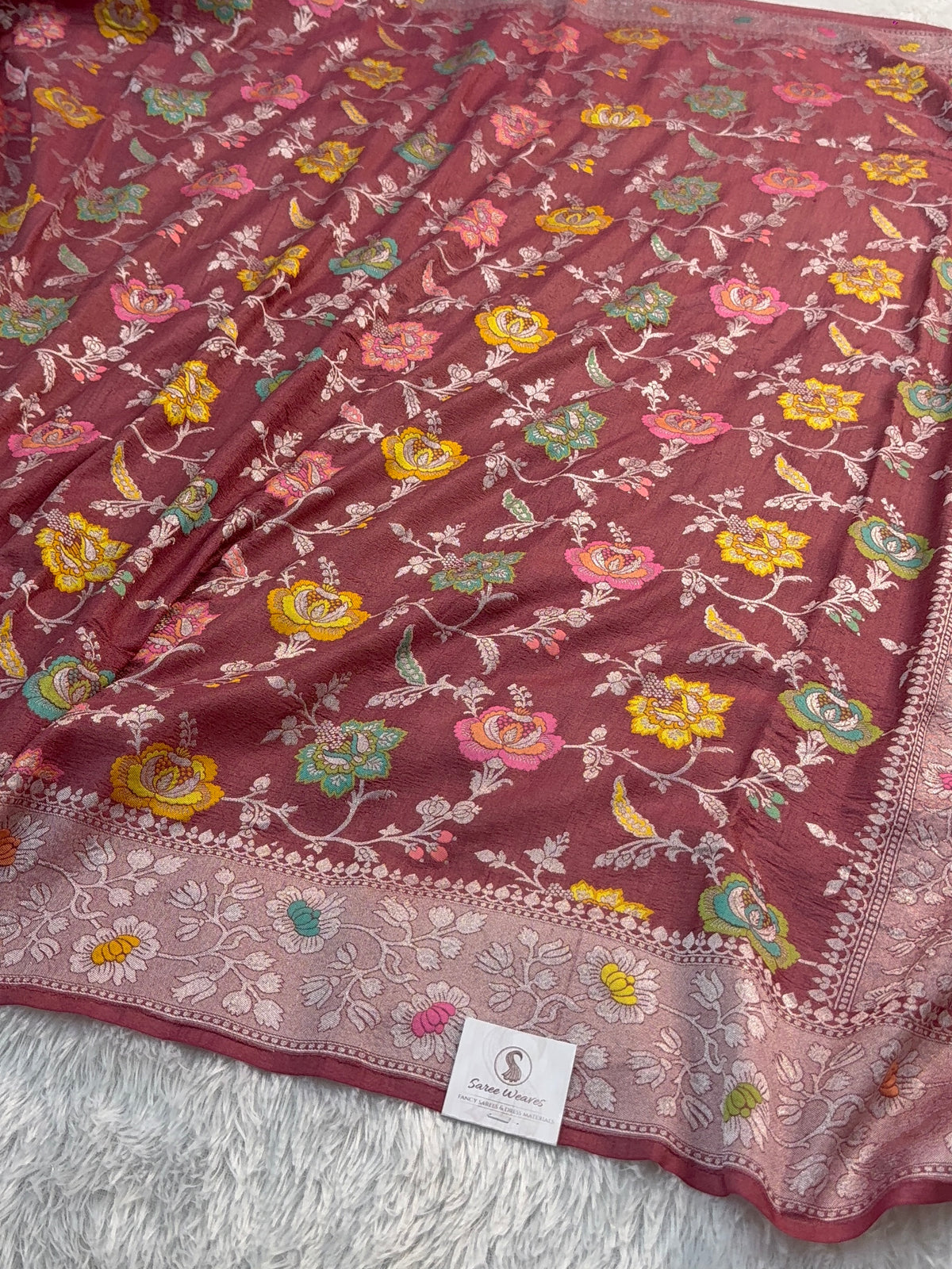 Pure Desi Tussar Silk Saree with Meenakari Floral Jaal Pattern in Wine Colour