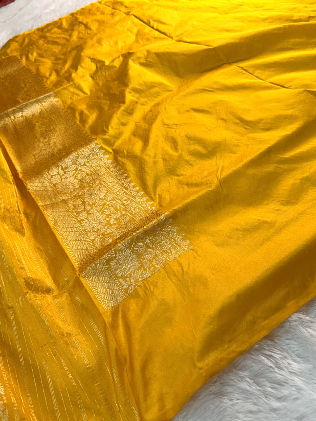 Banarasi pure katan silk saree in Magenta color with Yellow border in vertical Buta stripes, Light gold Zari coated with pure silver