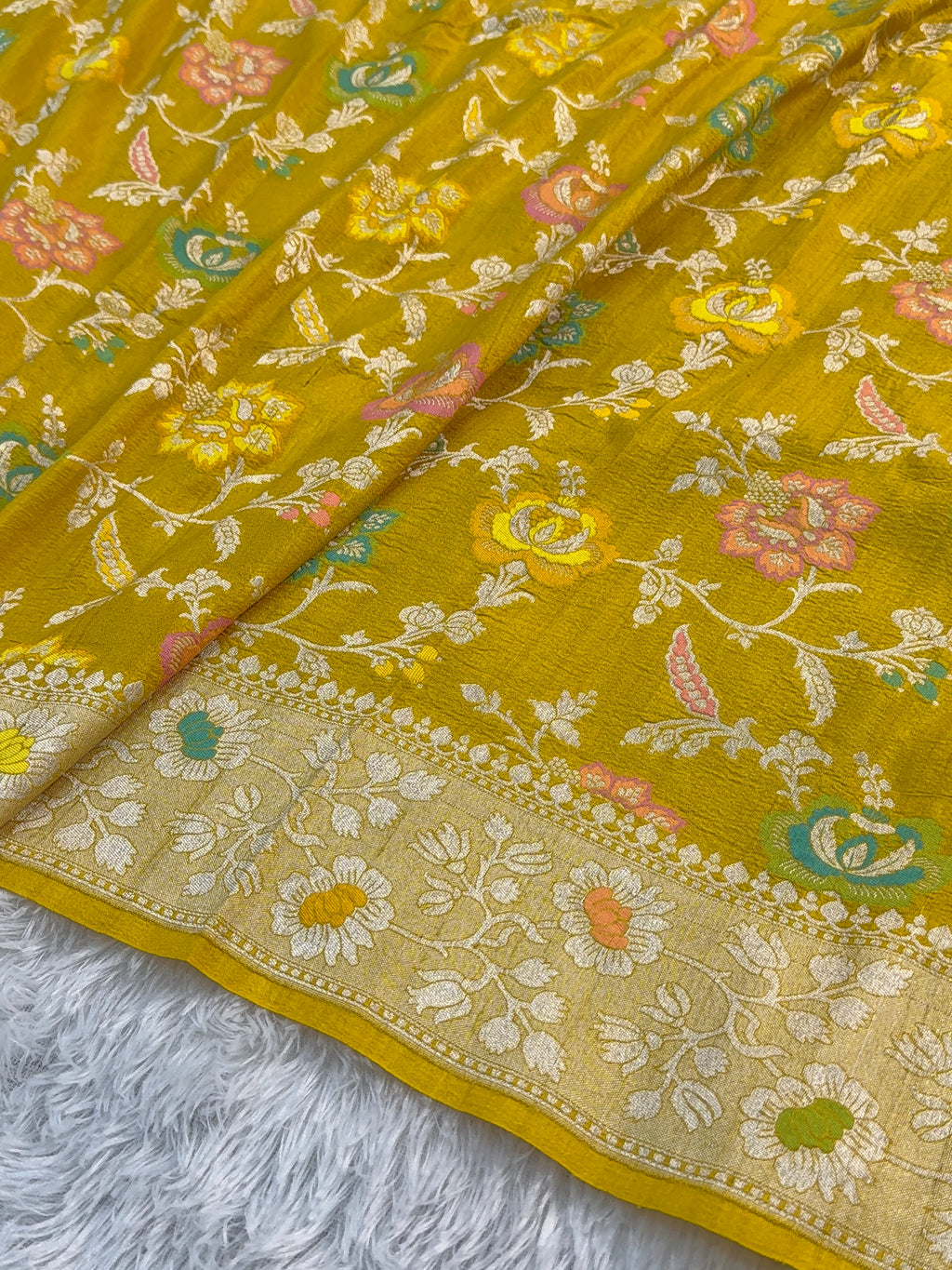 Pure Desi Tussar Silk Saree with Meenakari Floral Jaal Pattern in Yellow Color