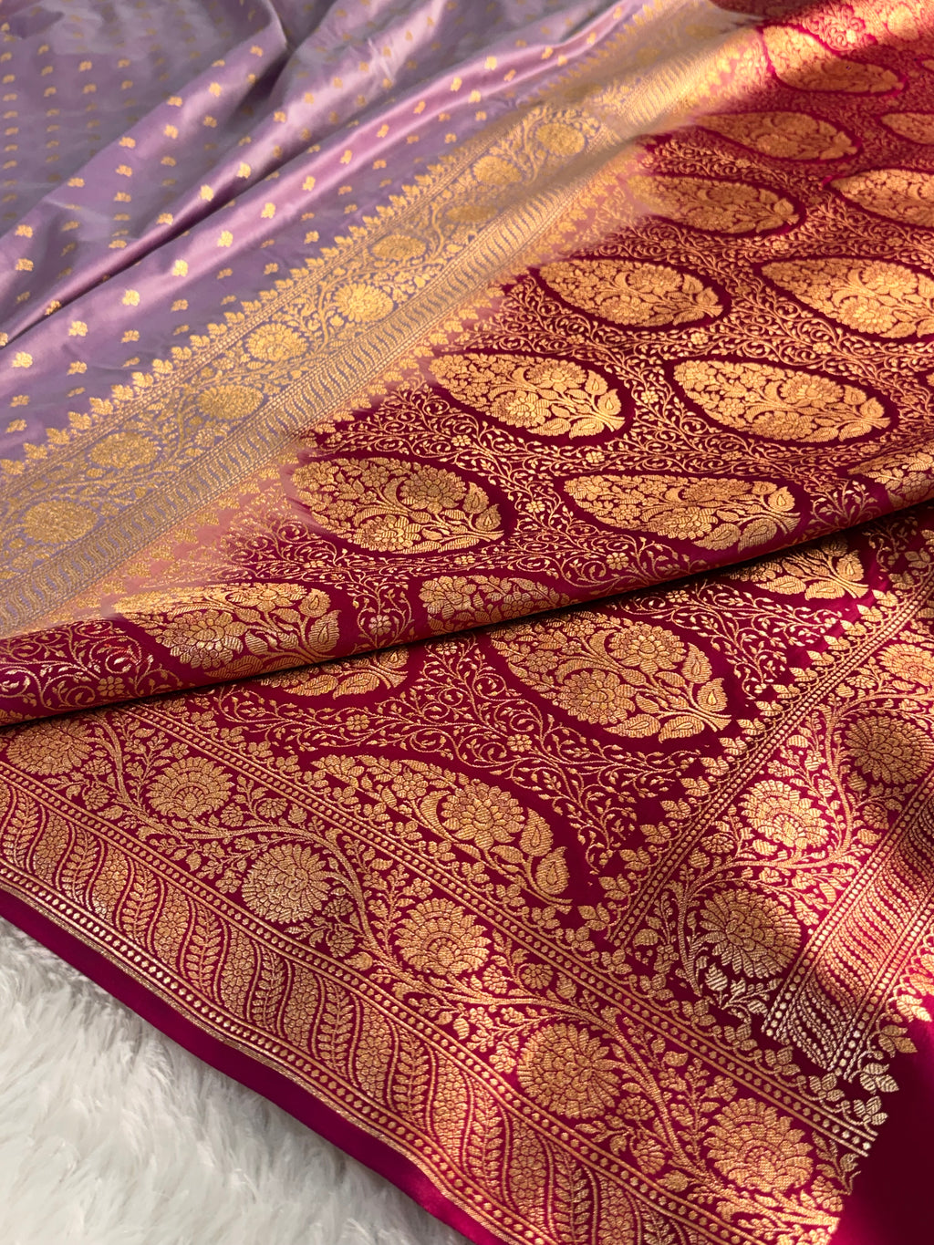 Banarasi Mashru Silk Saree with Buti Design in contrast Lavender colour