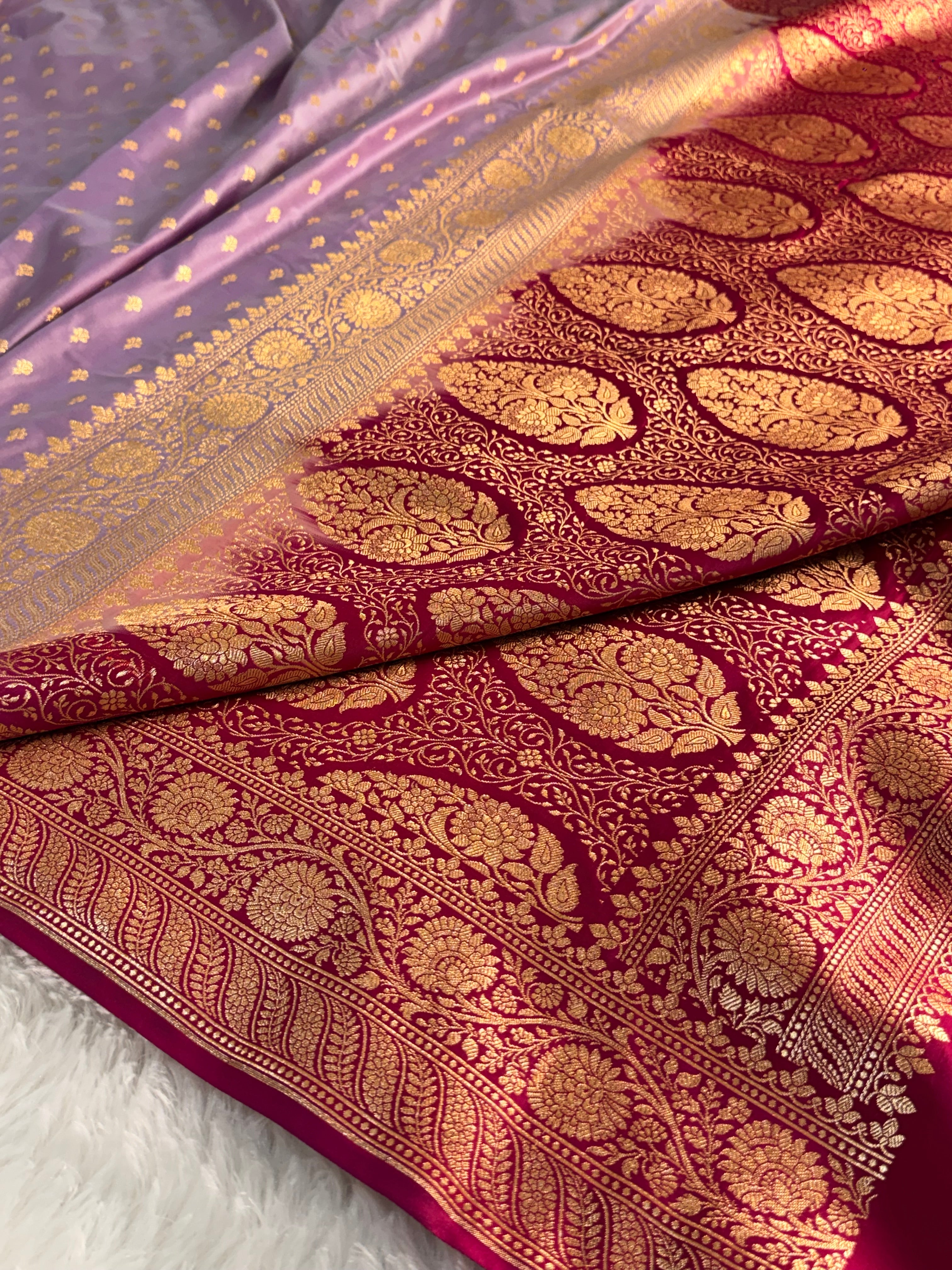 Banarasi Mashru Silk Saree with Buti Design in contrast Lavender colour