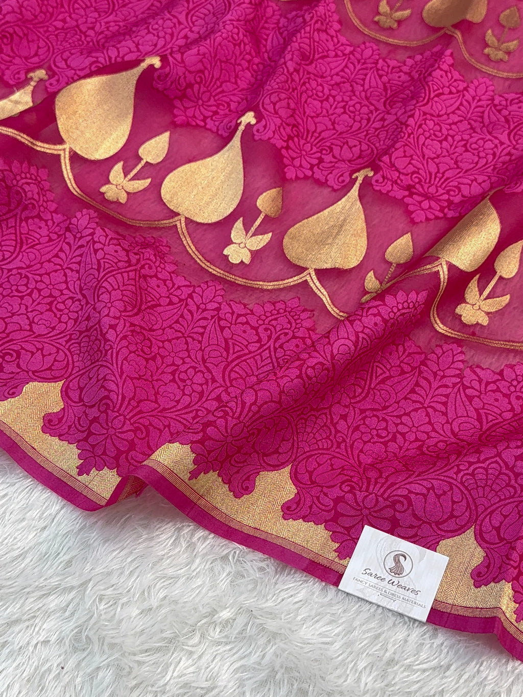 Pure Kora Silk Saree with Gold Zari weaving in Shot Rani Colour