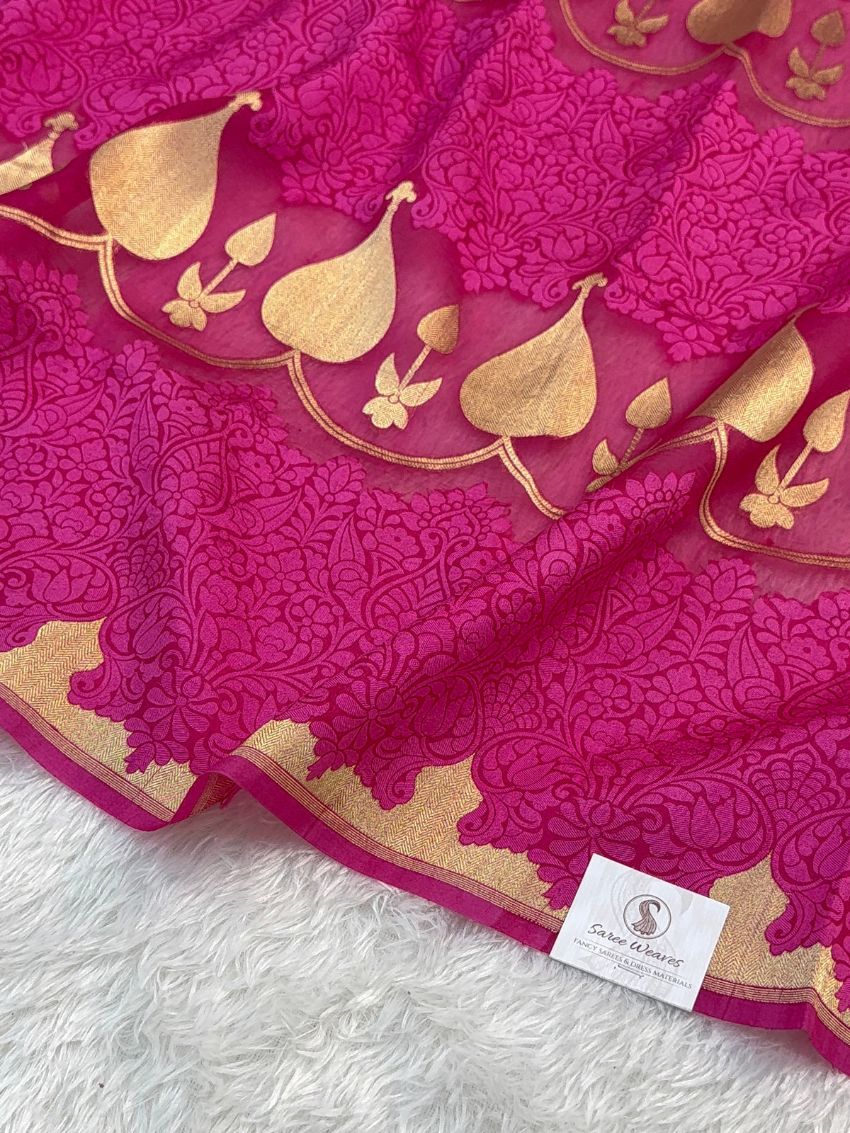 Pure Kora Silk Saree with Gold Zari weaving in Shot Rani Colour