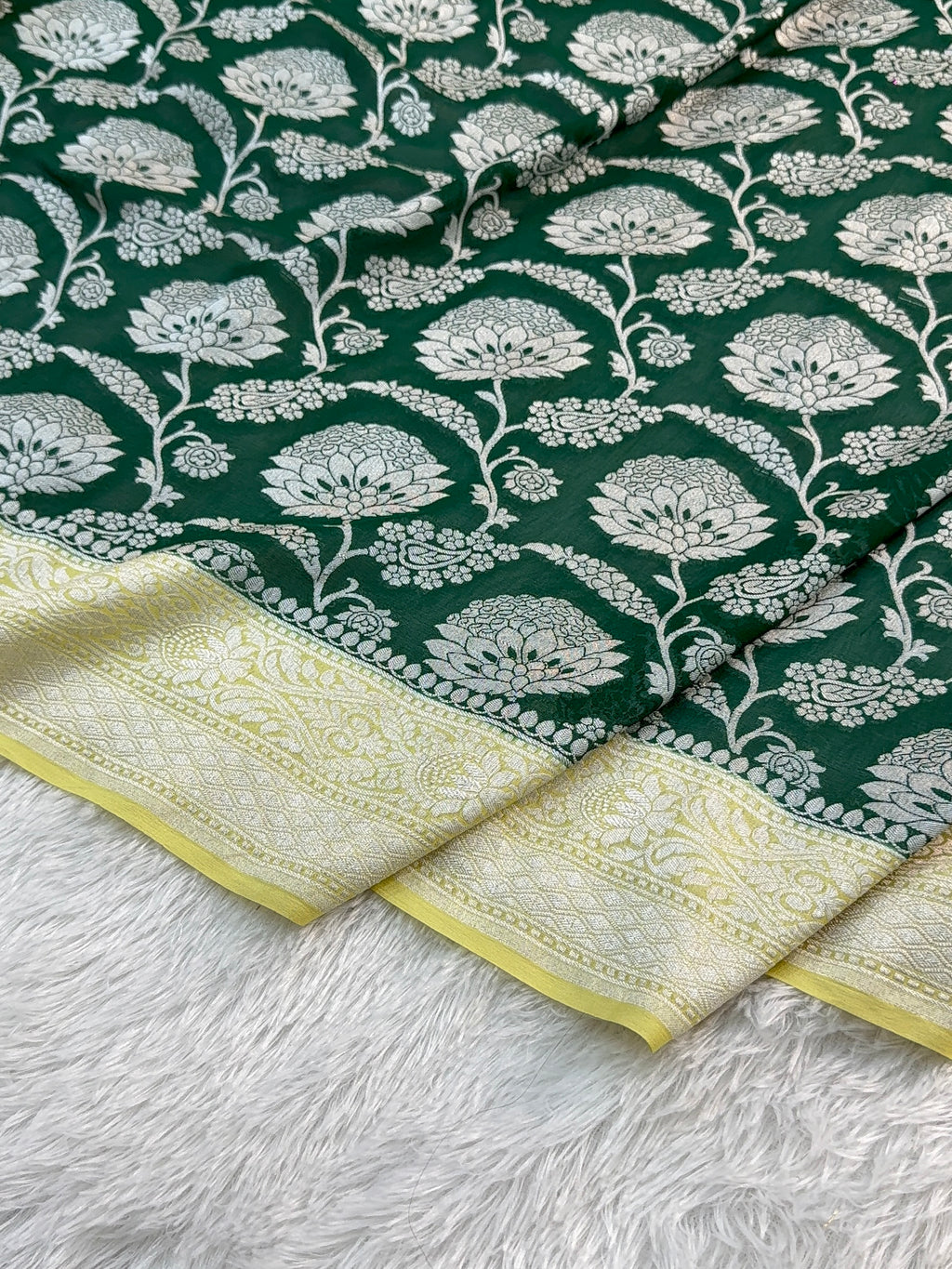 Banarasi Pure Khaddi Chiffon Saree  with Silver Zari Work In Floral Jaal Design in Dark Green and Light Lemon Colour Combination