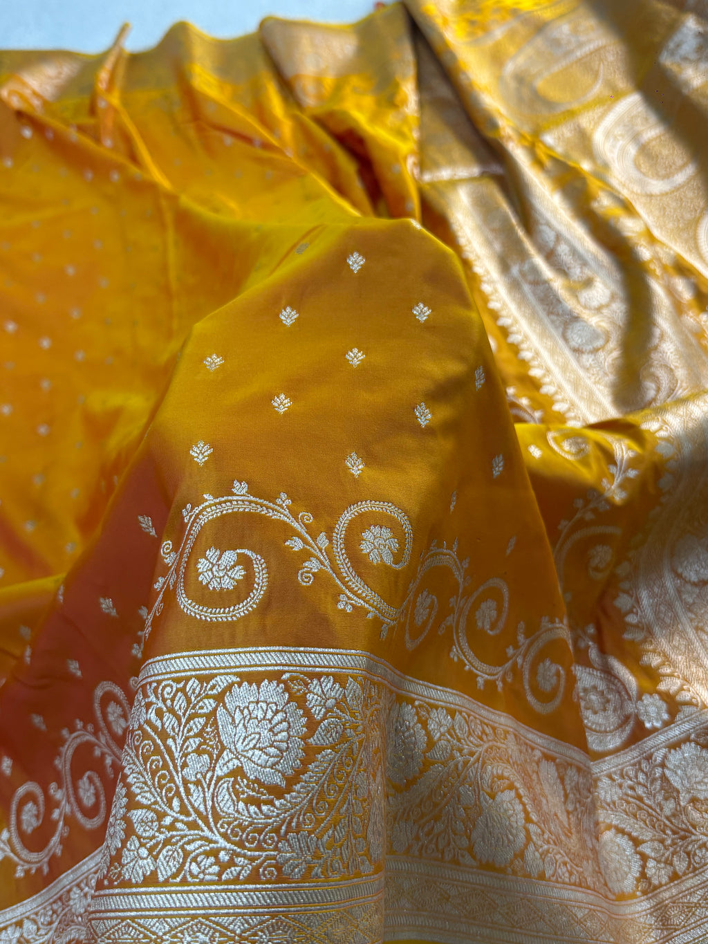 Banarasi Mashru Silk Saree Intricate Buti Design in Dual tone Mustard and Orange Colour