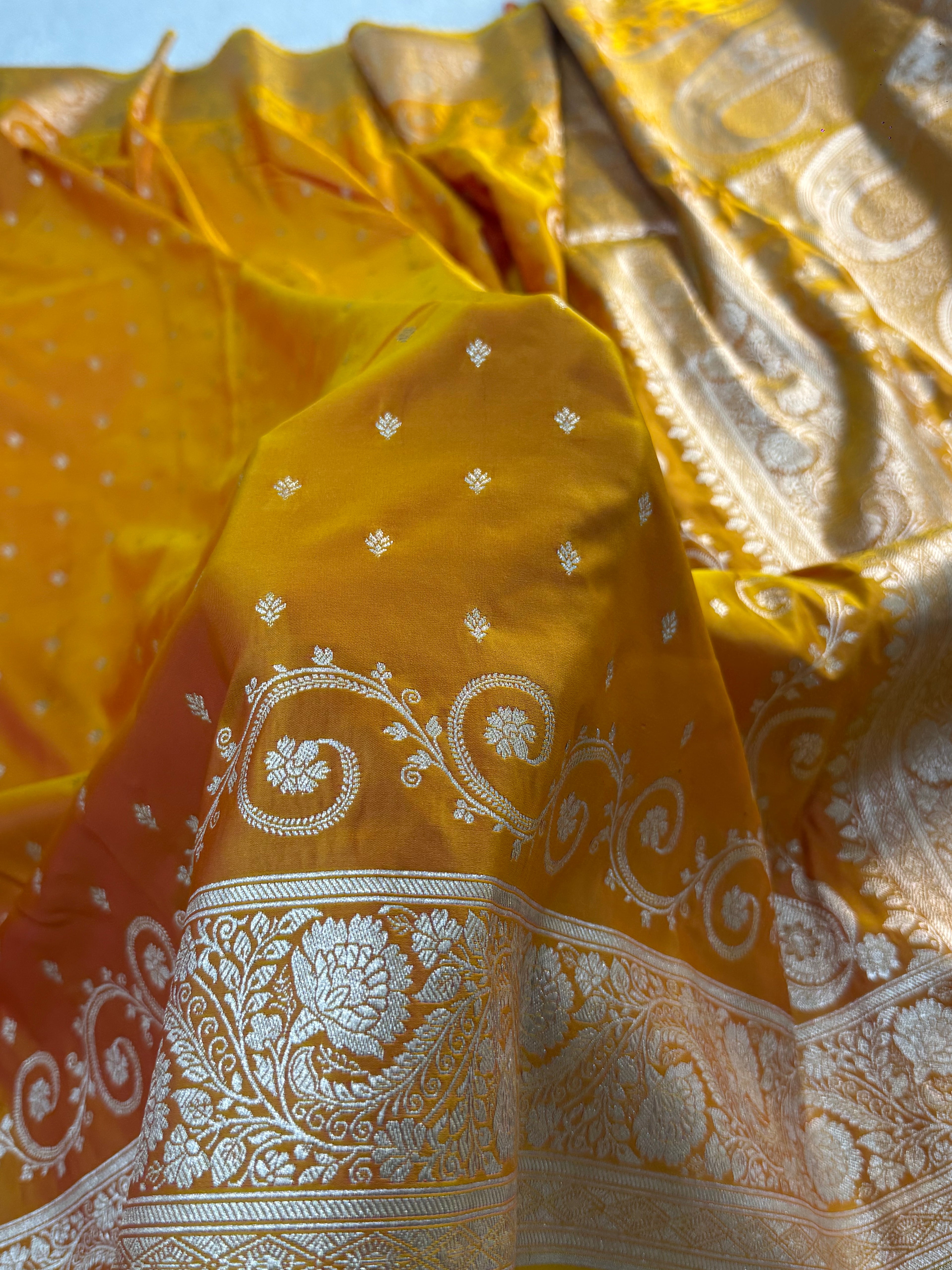 Banarasi Mashru Silk Saree Intricate Buti Design in Dual tone Mustard and Orange Colour