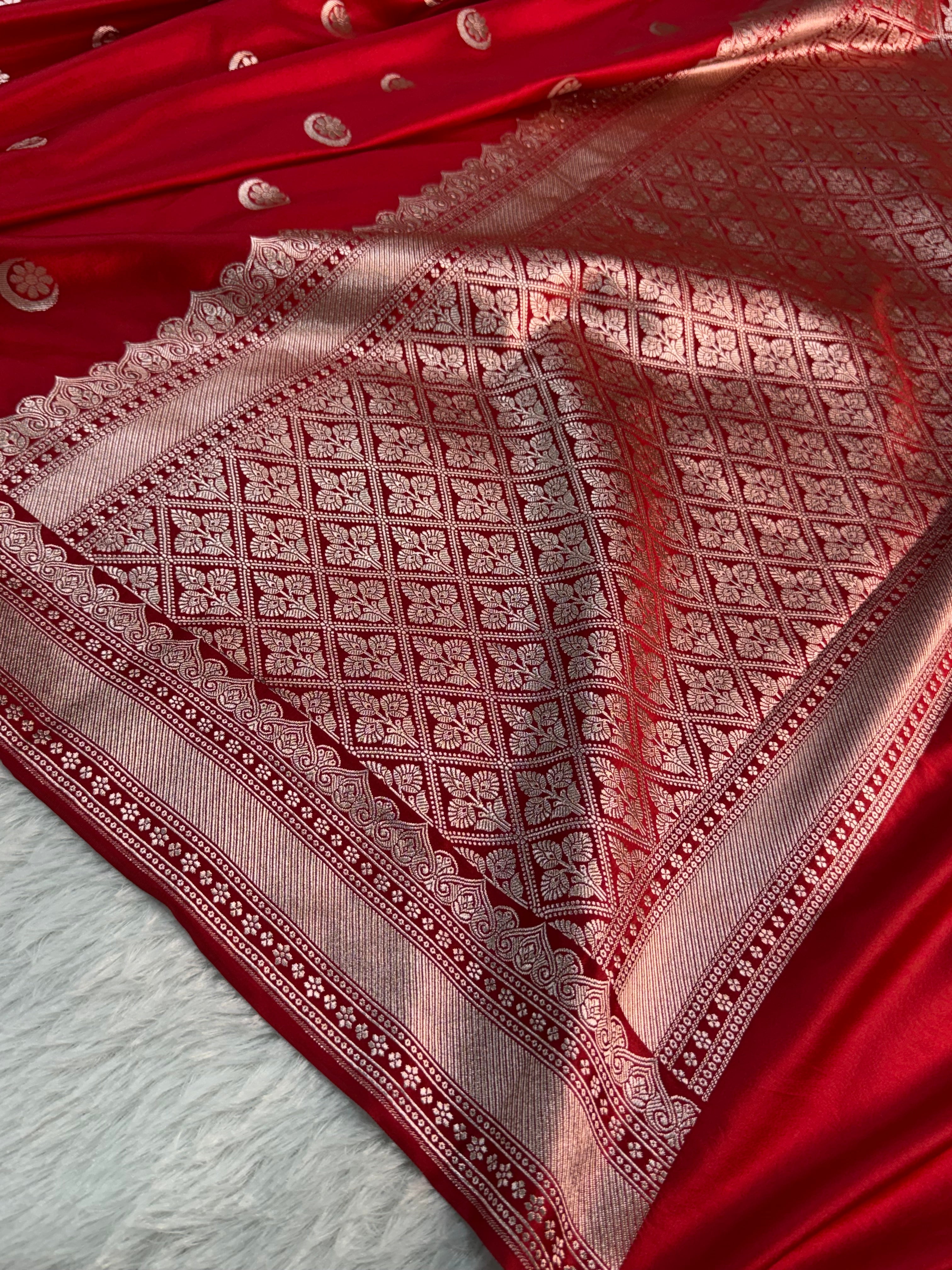 Banarasi Mashru Silk Saree in Border Buti Design in Bloody Red colour