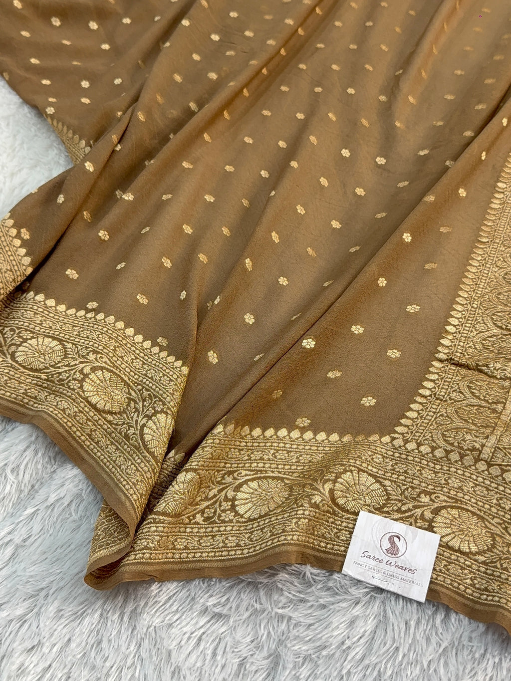 Banarasi Pure Khaddi Chiffon Saree in Border and Buti Design in Camel Brown Colour