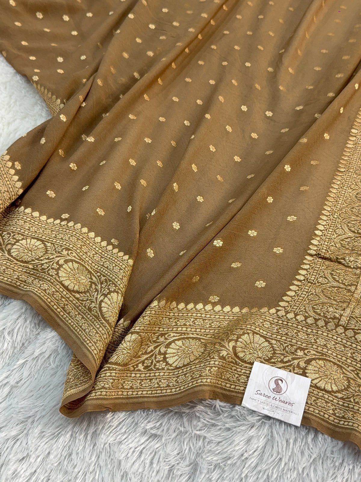 Banarasi Pure Khaddi Chiffon Saree in Border and Buti Design in Camel Brown Colour