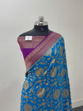 Banarasi Pure Khaddi Chiffon Saree  with Antique Zari Work In Floral Jaal Design in Peacock Blue Colour