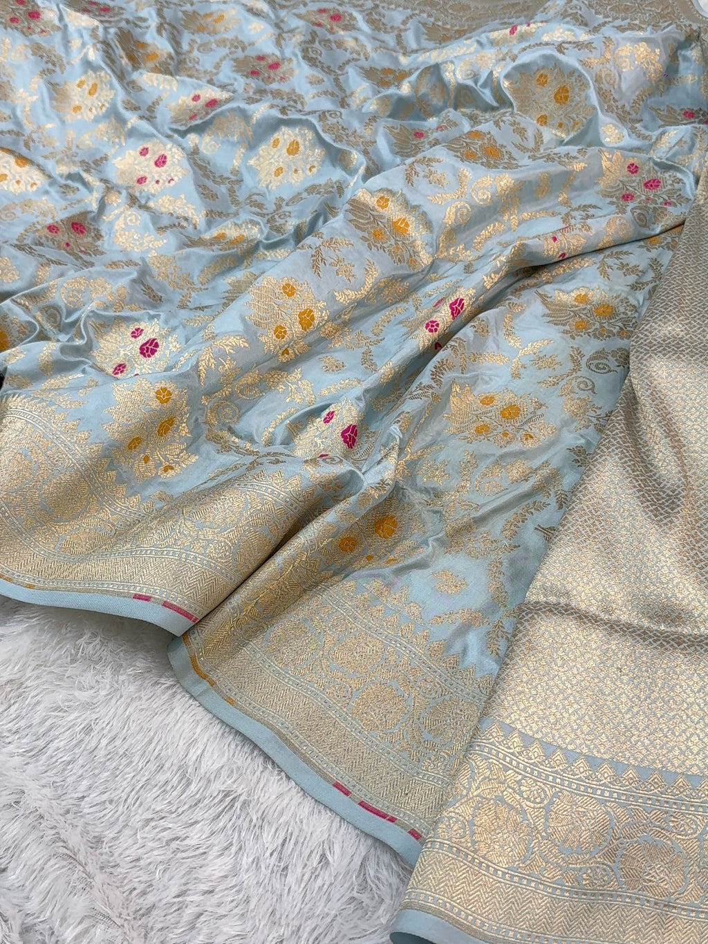 Banarasi pure katan silk saree with meenakari jaal design in Powder Blue color