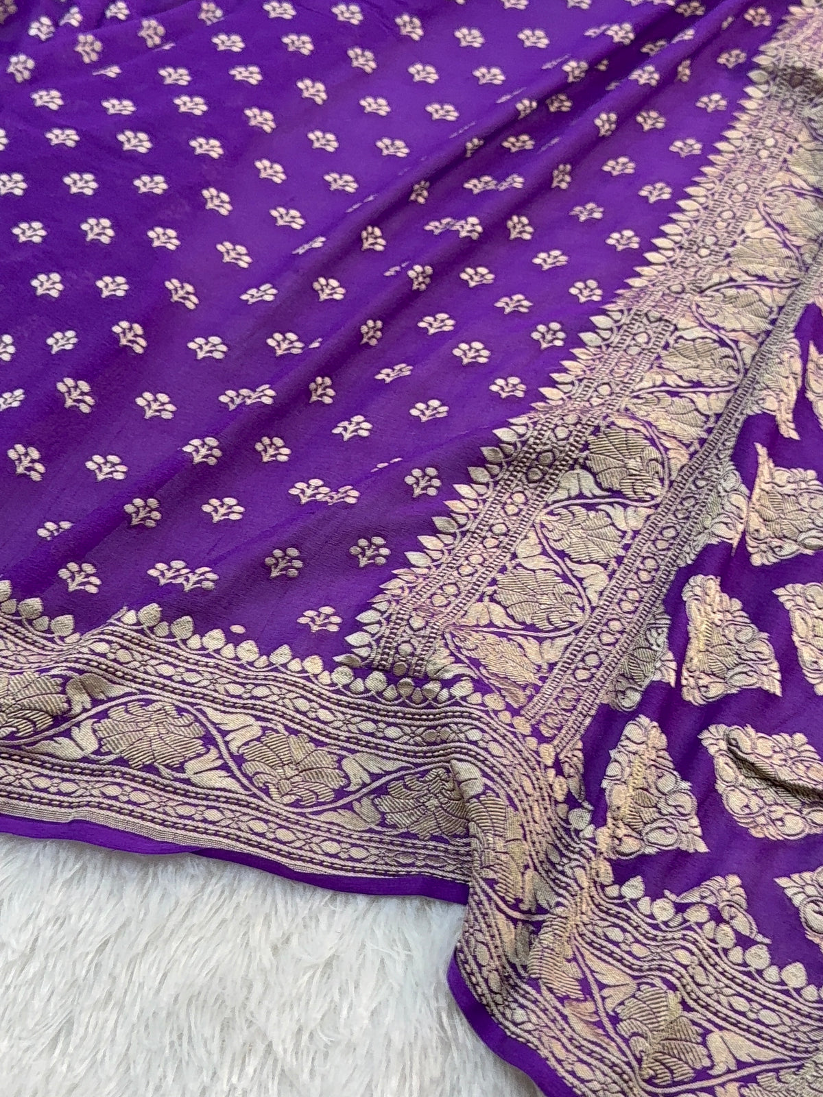 Banarasi Pure Khaddi Chiffon Saree  with Silver Zari Work with Small Motifs Pattern Design in Deep Violet Colour