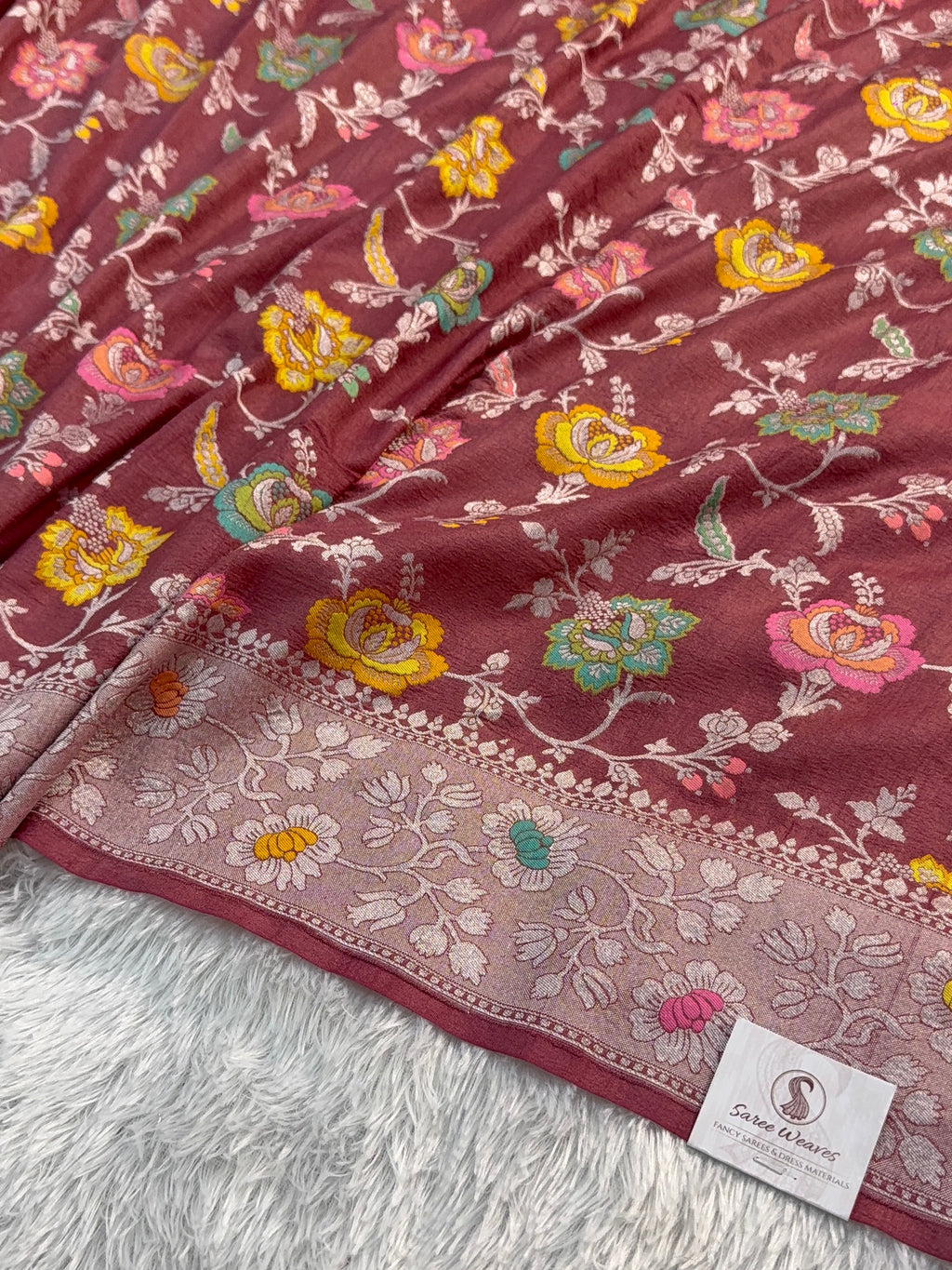 Pure Desi Tussar Silk Saree with Meenakari Floral Jaal Pattern in Wine Colour