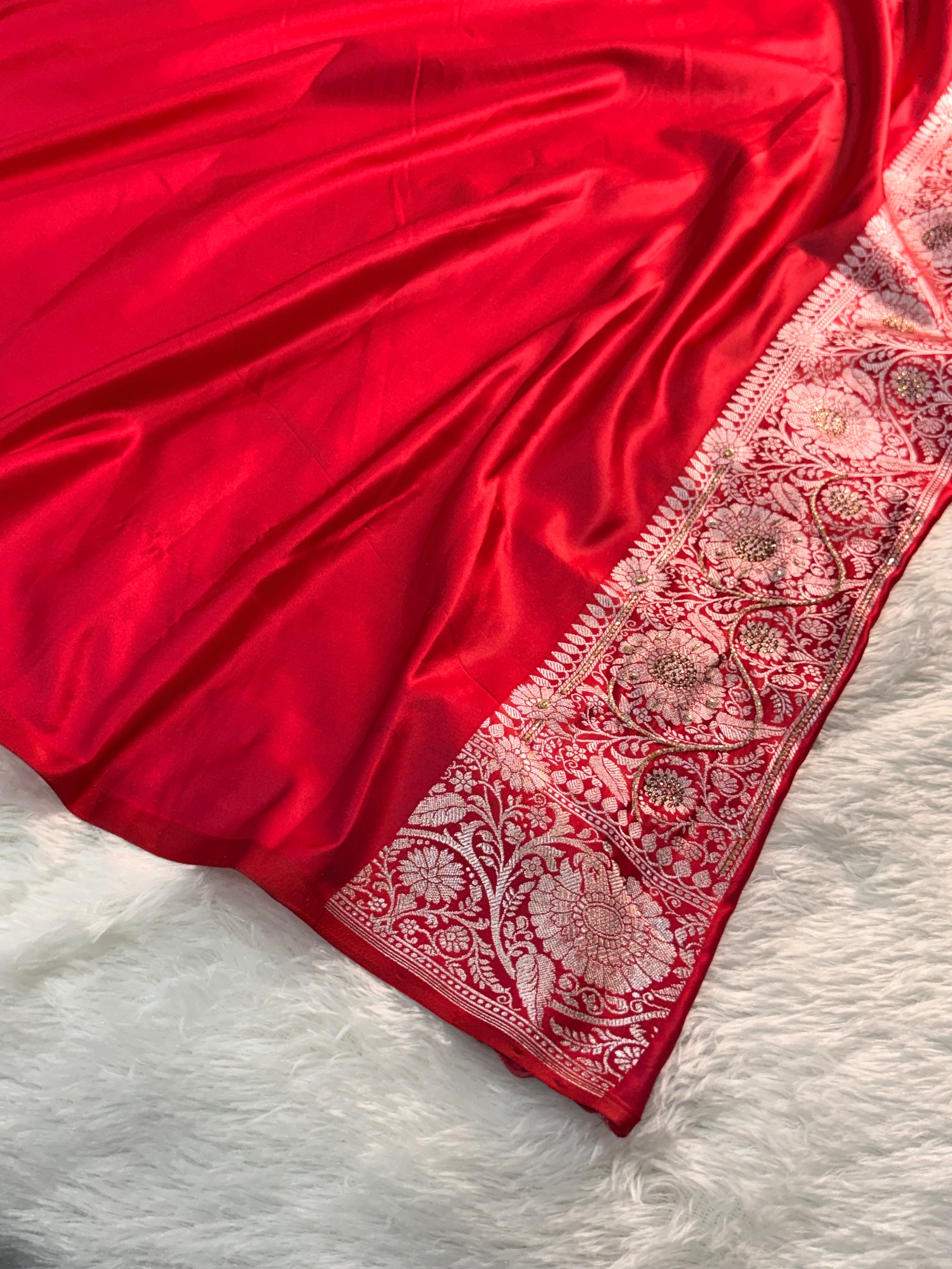 Bridal Mashru Silk Saree with Buta design in Red Color Shade with Swaroski and zardozi work