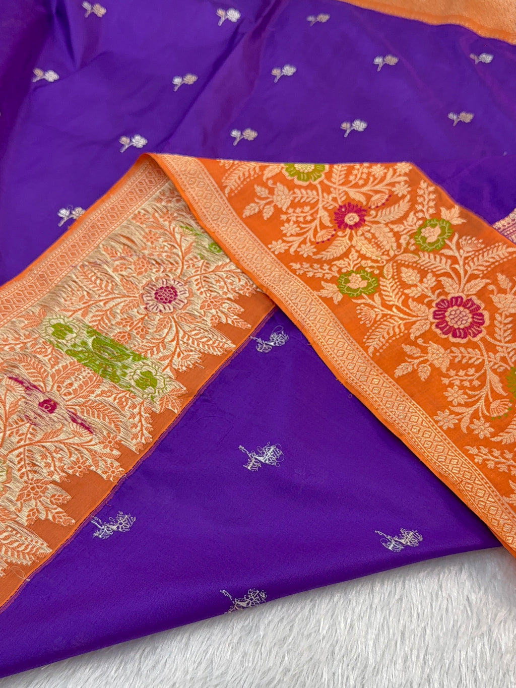 Handwoven pure Katan Silk Saree in Purple Colour in Motifs design With Saperatively Woven Contrast Border with Meenakari Jaal Design in Orange Colour