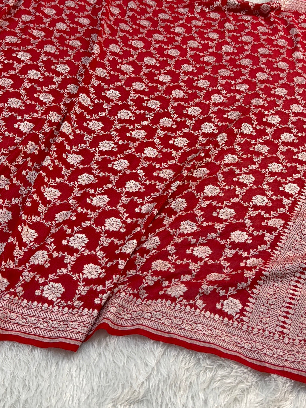 Banarasi Pure Khaddi Chiffon Saree  with Light Gold Zari Work In Floral Jaal Design in Red Colour