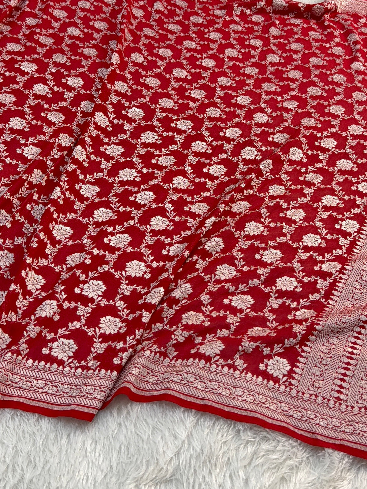 Banarasi Pure Khaddi Chiffon Saree  with Light Gold Zari Work In Floral Jaal Design in Red Colour