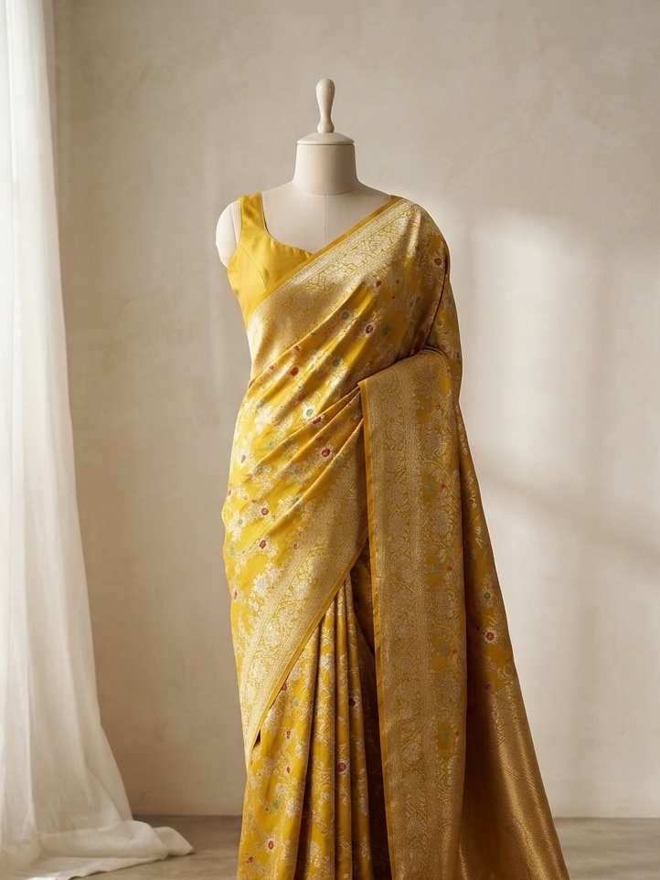 Banarasi pure katan silk saree with meenakari jaal design pattern in shade of Gold Color