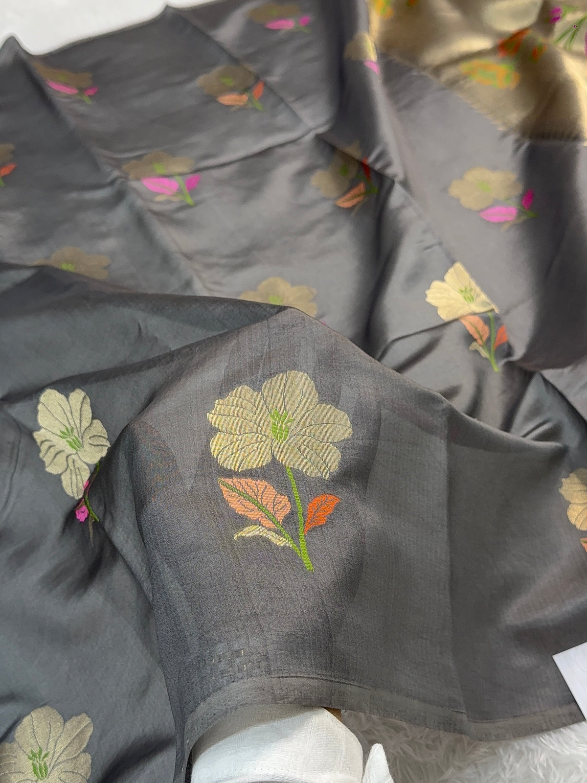 Pure Raw Mango Silk Saree with Meenakari Floral Buta Design in Grey Colour