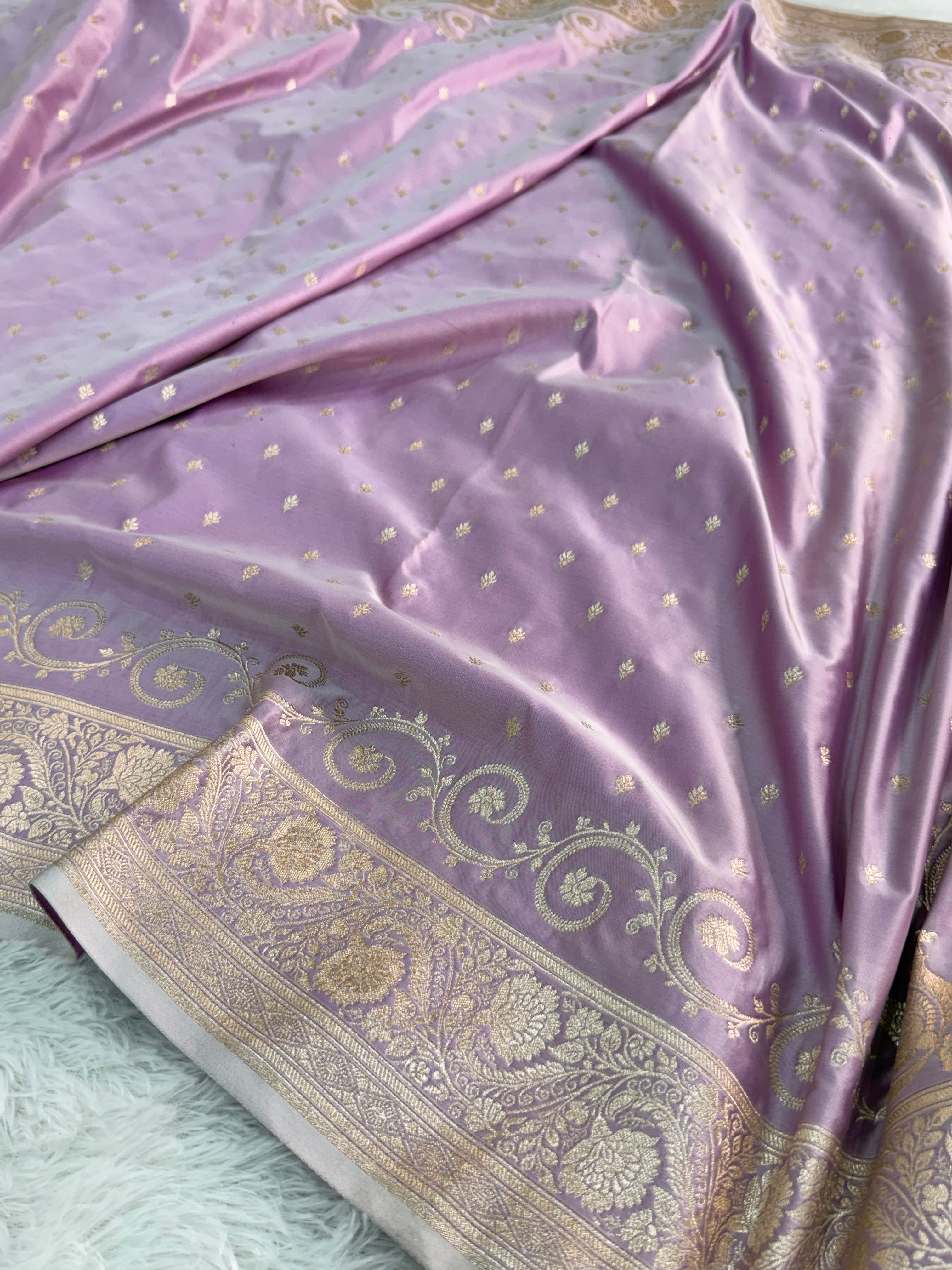 Banarasi Mashru Silk Saree Intricate Buti Design in Rusty Lavender color