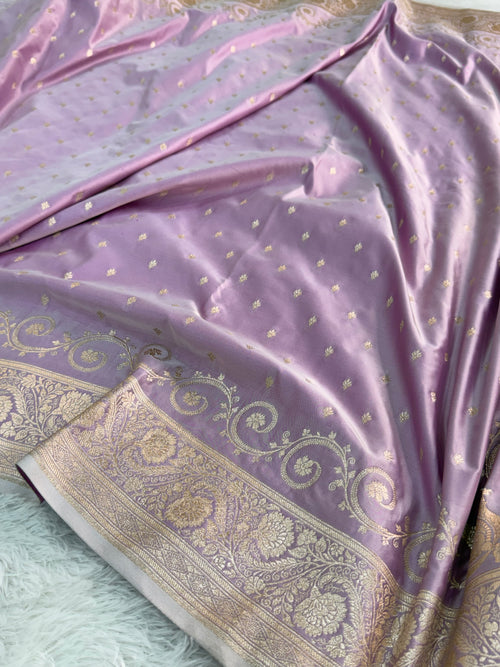 Banarasi Mashru Silk Saree Intricate Buti Design in Rusty Lavender color