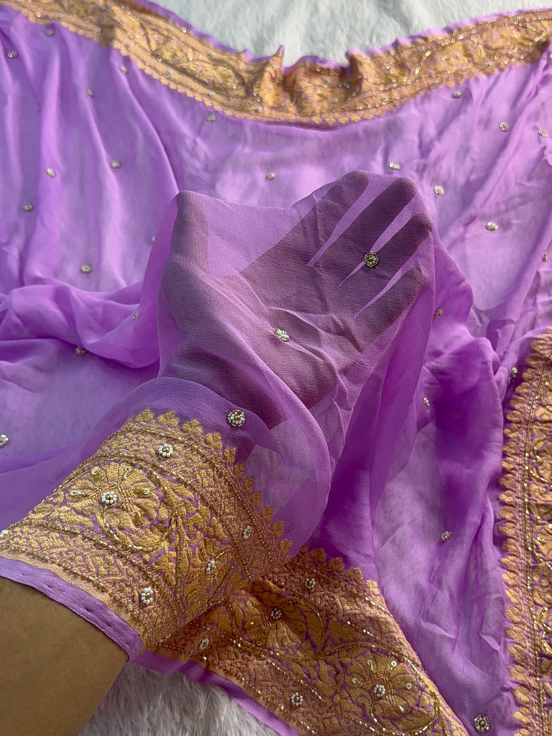 Banarasi Pure Khaddi Shiffon Saree with Zardozi Handwork all over in Lavender Colour