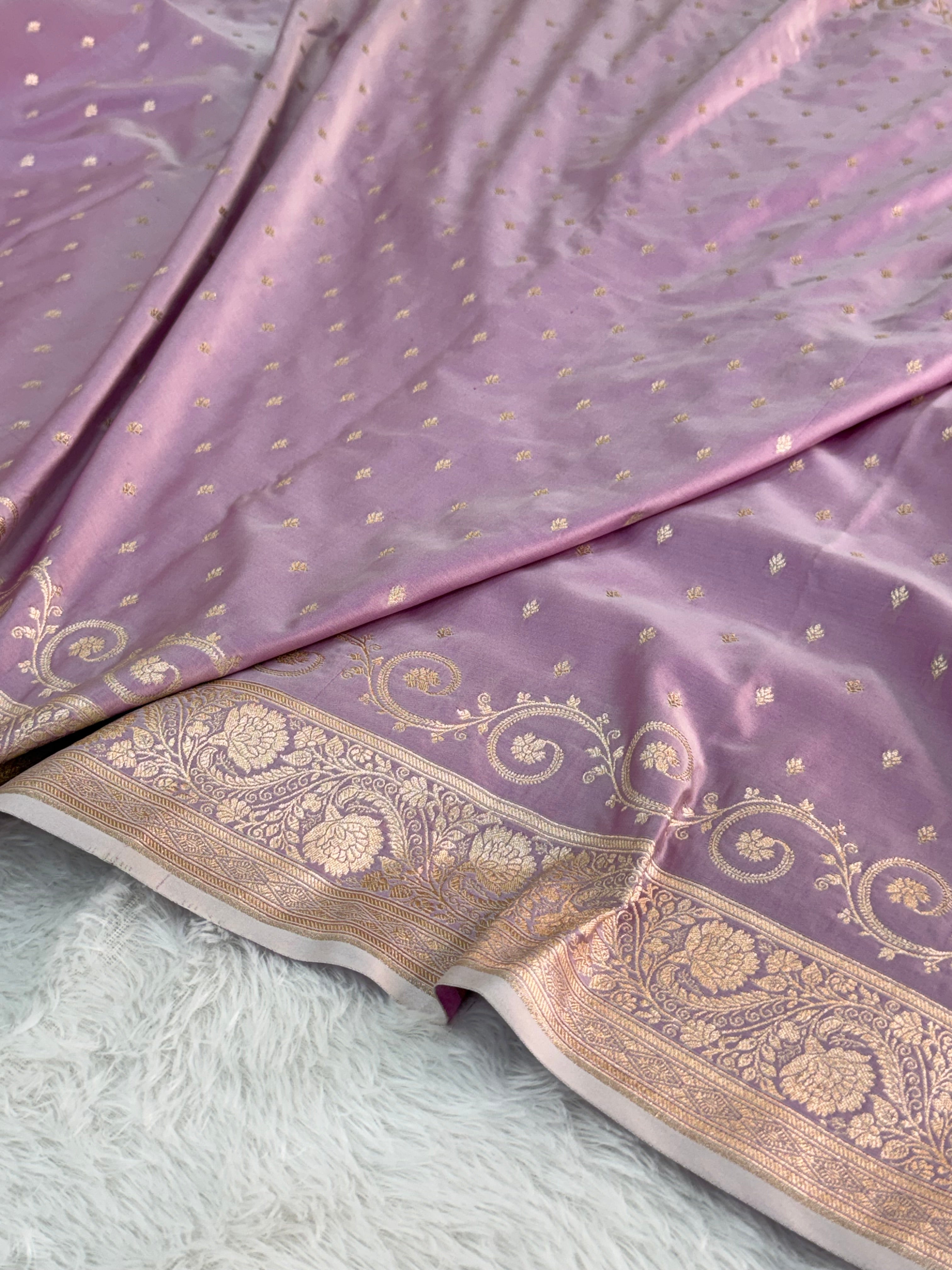 Banarasi Mashru Silk Saree Intricate Buti Design in Rusty Lavender color