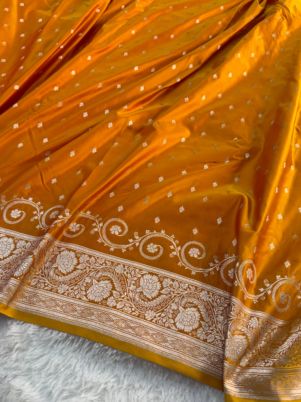 Banarasi Mashru Silk Saree Intricate Buti Design in Dual tone Mustard and Orange Colour