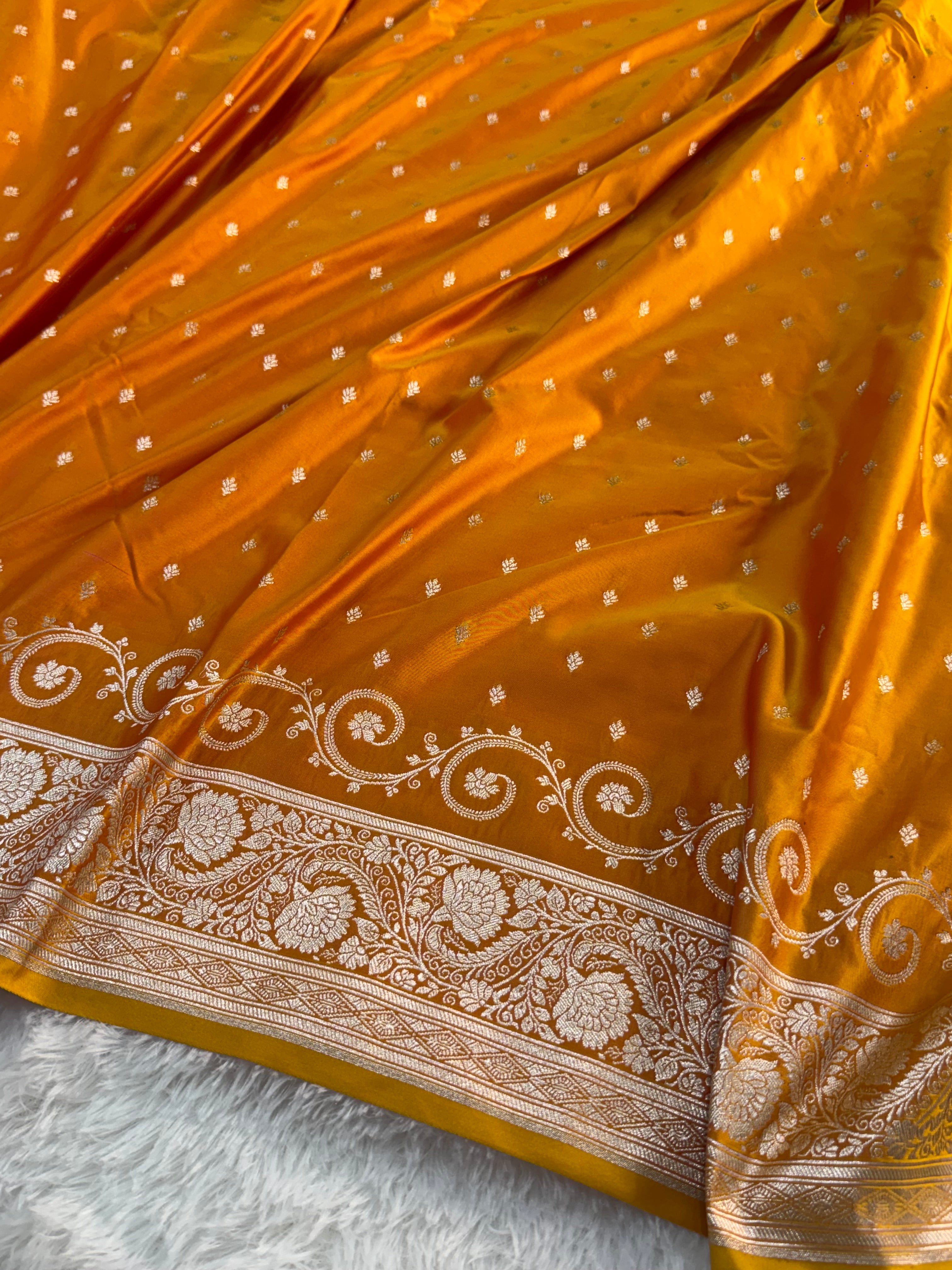 Banarasi Mashru Silk Saree Intricate Buti Design in Dual tone Mustard and Orange Colour
