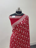 Banarasi Pure Khaddi Chiffon Saree  with Light Gold Zari Work In Floral Jaal Design in Red Colour