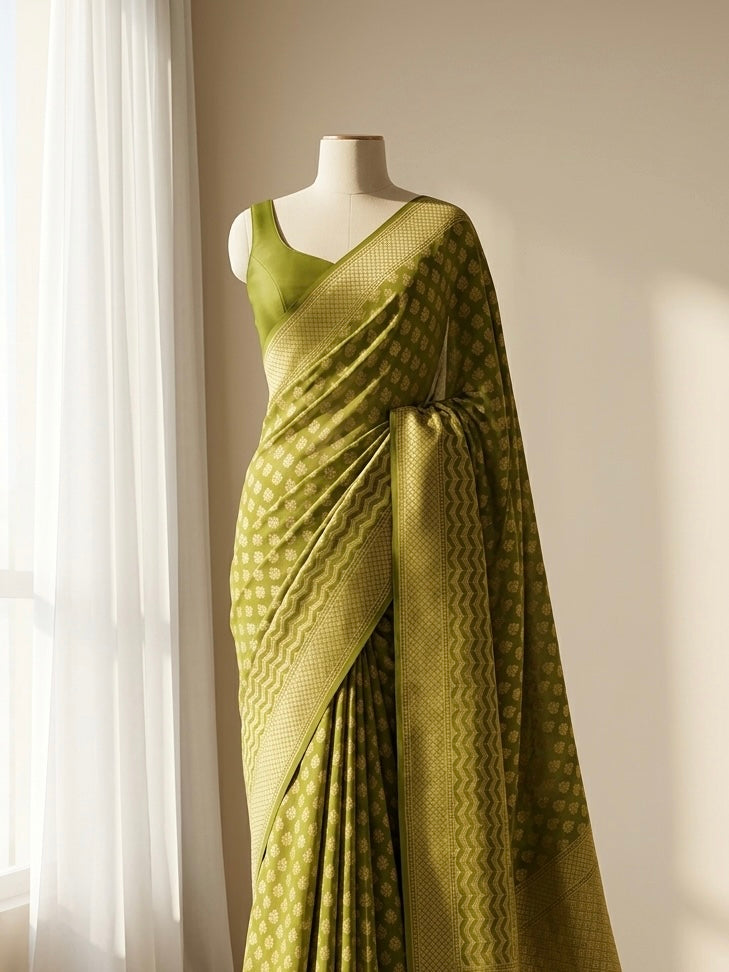 Banarasi Pure Khaddi Chiffon Saree in Skirt Buti Design in Rusty Green Colour