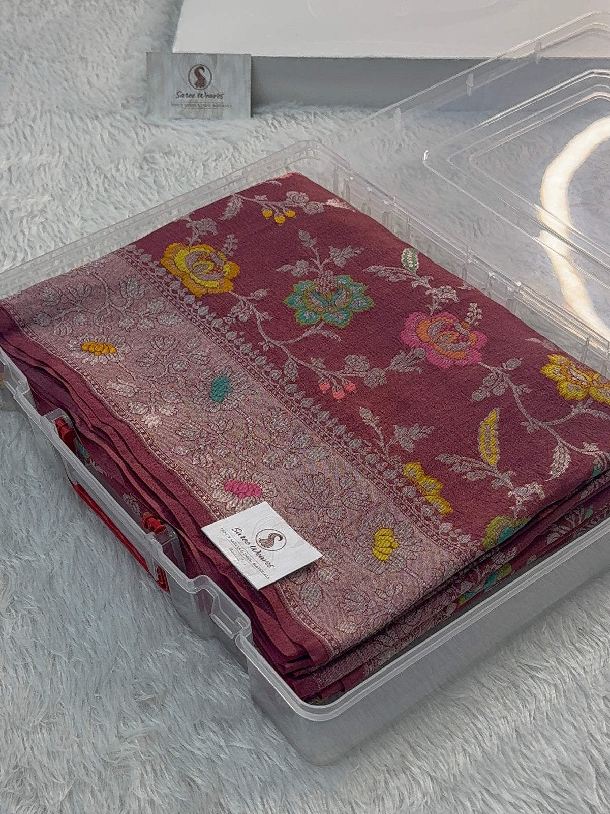 Pure Desi Tussar Silk Saree with Meenakari Floral Jaal Pattern in Wine Colour
