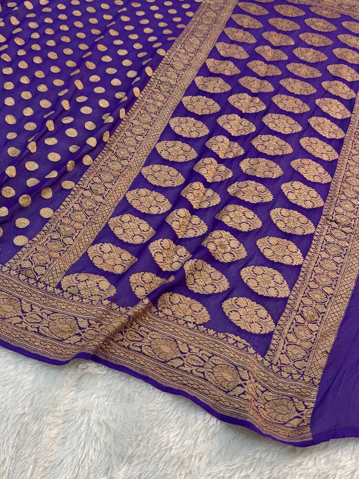 Banarasi Pure Khaddi Chiffon Saree  with Antique Zari Work In Small Circle Motifs Design in Deep Violet Colour