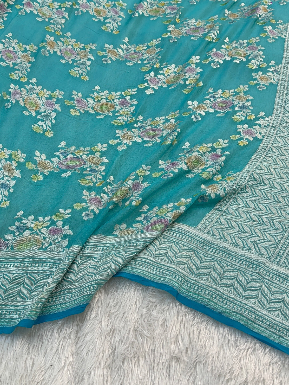Banarasi Pure Khaddi Chiffon Saree  with Silver Zari Work In Floral Jaal Design with Meenakari by handbrush in Sea Green Colour