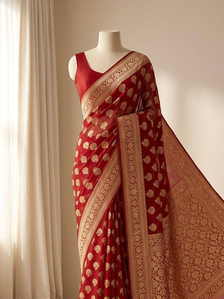 Banarasi Pure Khaddi Chiffon Saree in Floral Buta Design in Deep Maroon Colour