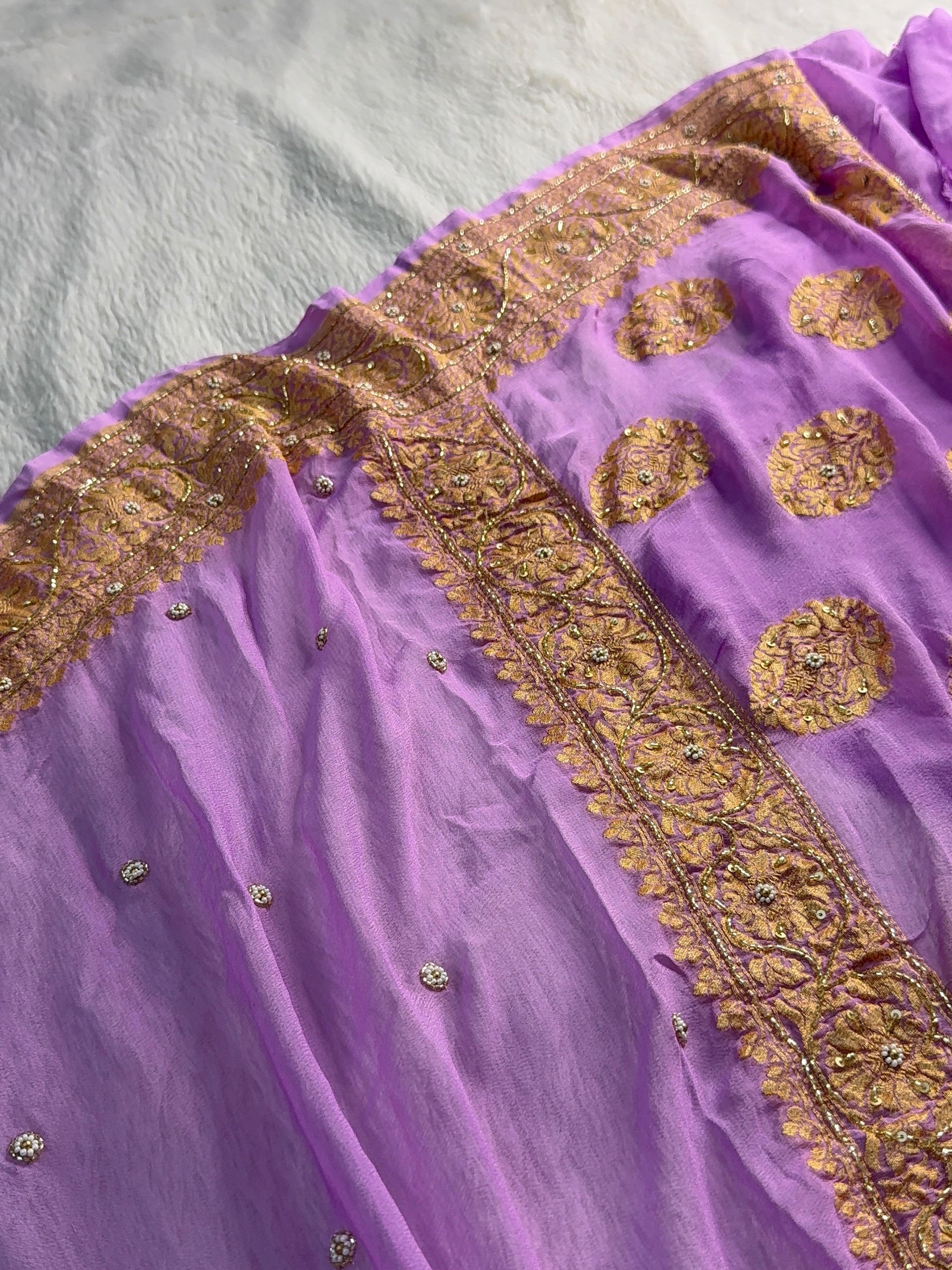Banarasi Pure Khaddi Shiffon Saree with Zardozi Handwork all over in Lavender Colour