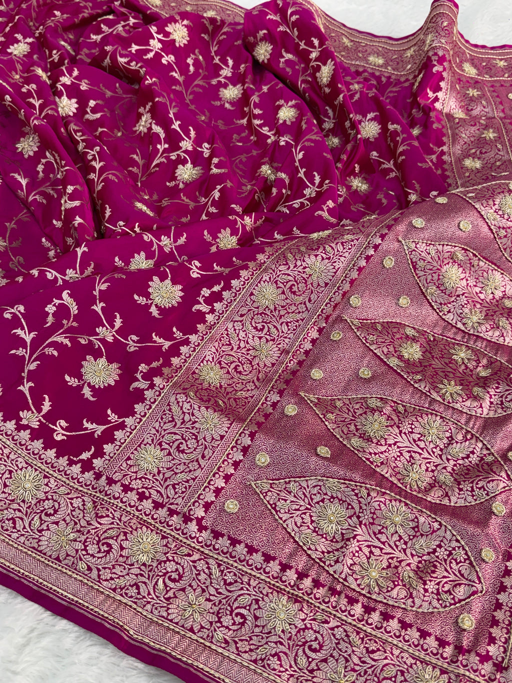 Mashru Bridal saree in Rani color shade with Art of handwork